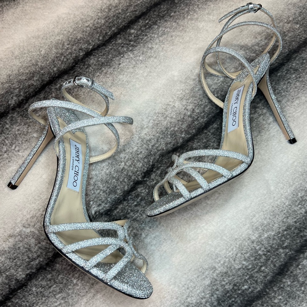 Jimmy Choo Mimi 100 mm Silver Fine Glitter Fabric Sandals Heels - Picture 1 of 8